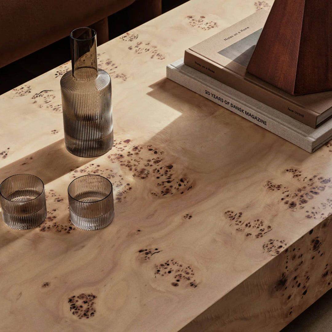 closeup of burl wood coffee table ferm living