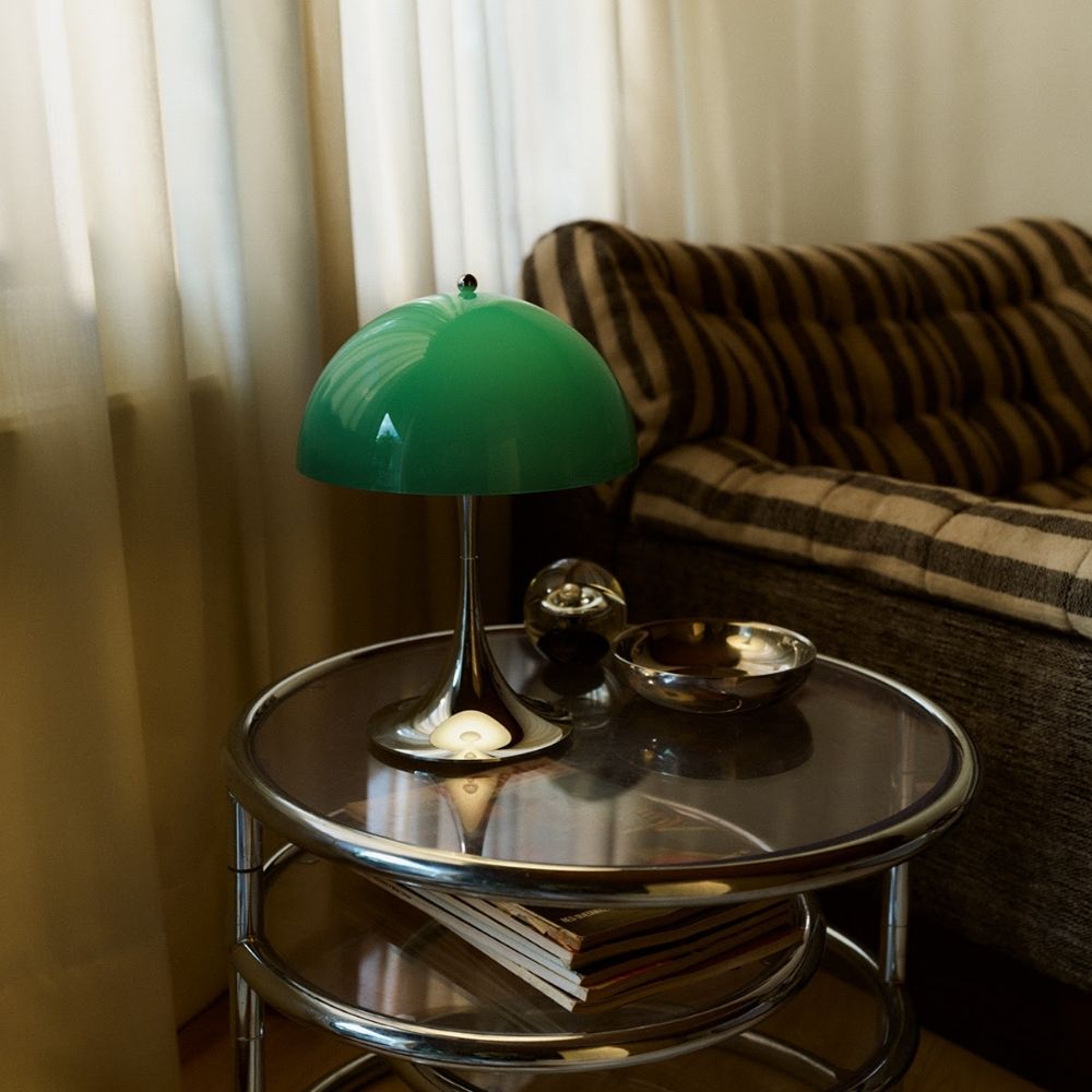 Panthella 160 Portable Table Lamp in Original Green with Chrome Stand