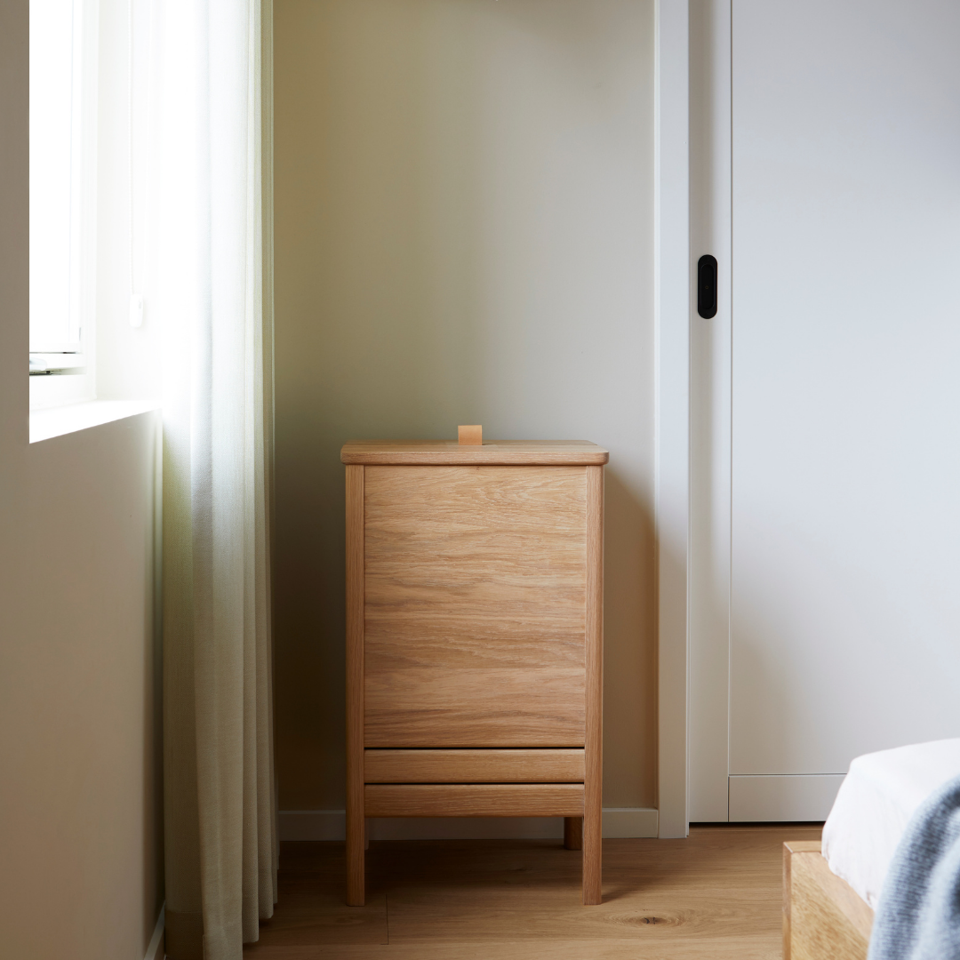 The A Line Laundry Box by Form and Refine is an aesthetically pleasing solution to the everyday challenge of disguising laundry. We love the thoughtful detail of the leather handle used to lift the lid of this storage piece, and how nicely it pairs with both the Natural and White Oak colourways.