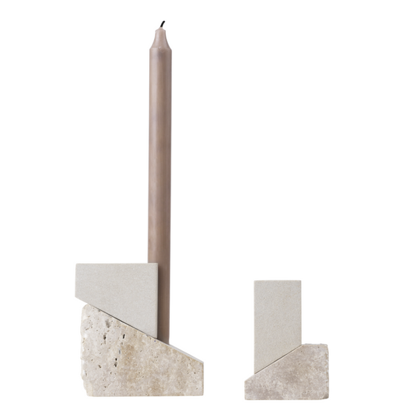The Offset Candleholder by Kristina Dam is made of two juxtaposing materials combined to create a unique, sculptural candleholder. Travertine and Sandstone come together to make a stunning way to display your favorite dipped wax candles as every day decor or as a way to illuminate a special celebration.v