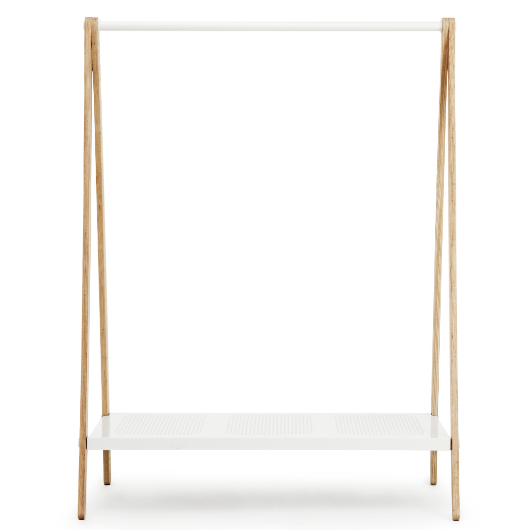 The Toj Clothes Rack is sure to be your favorite storage accessory. Designed by Simon Legald for Normann Copenhagen, this piece combines industrial style with simple and thoughtful design. We adore the clean lines from the metal shelf and trusses which makes it durable, while the wooden structure provides a softer feel, optimal for the bedroom or guest room.