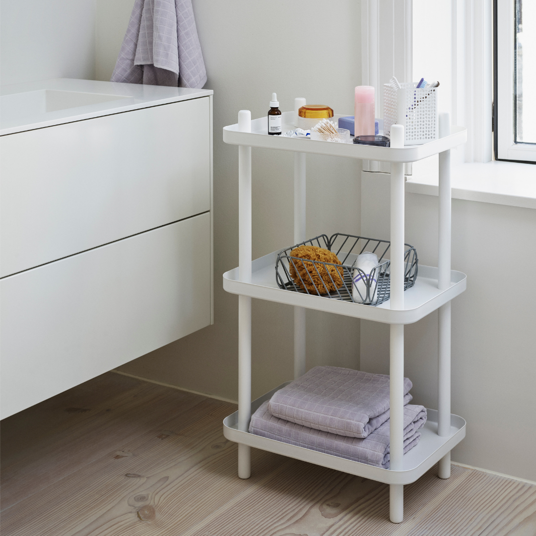 The Block Shelf by Normann Copenhagen is a modern take on the classic Block Table trolley designed by Simon Legald, as a cool storage solution for any room of the home. This versatile stacked shelving was designed for any direction of presentation, which allows it