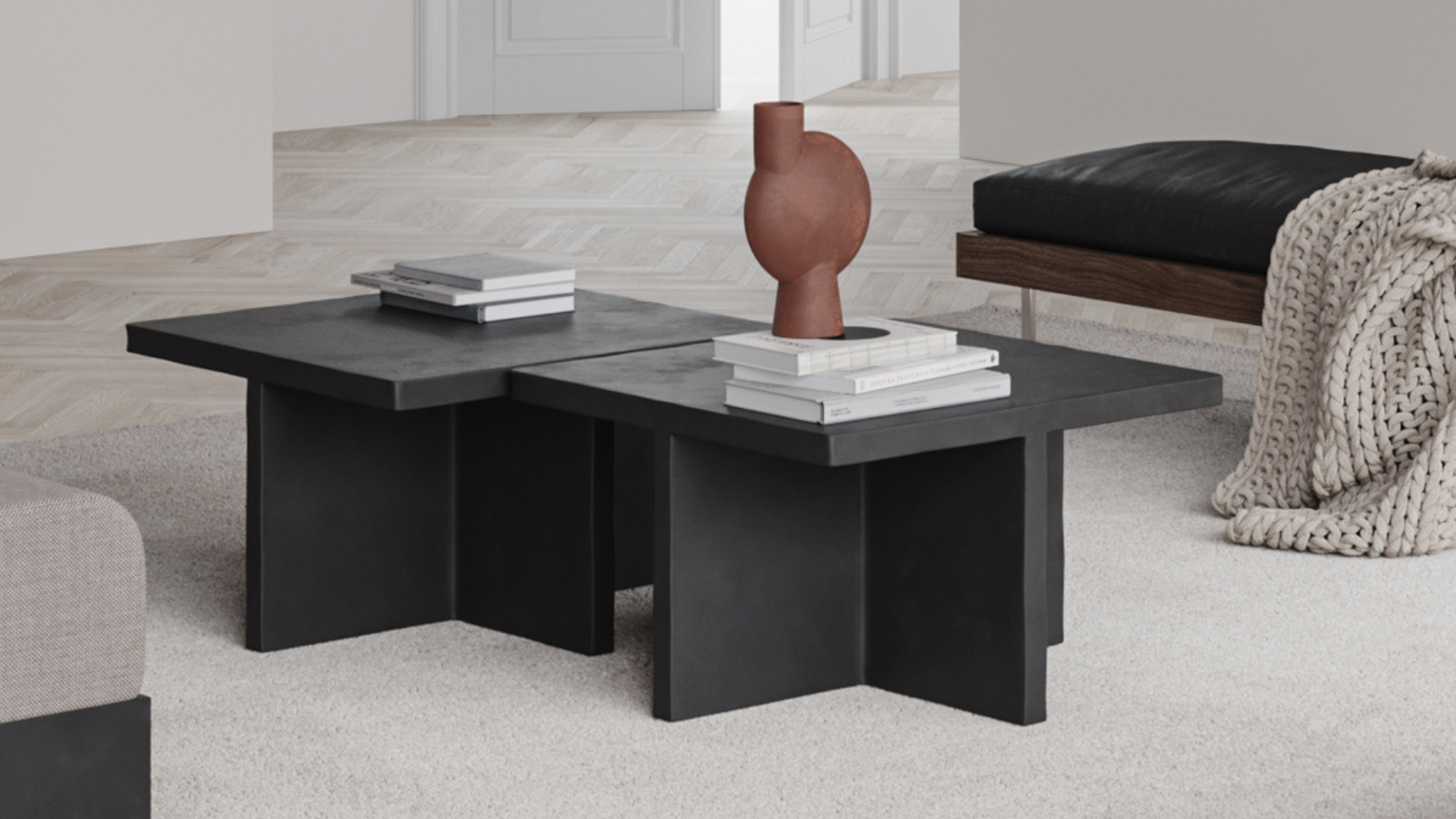 Sculptural stone coffee table as a living room centrepiece