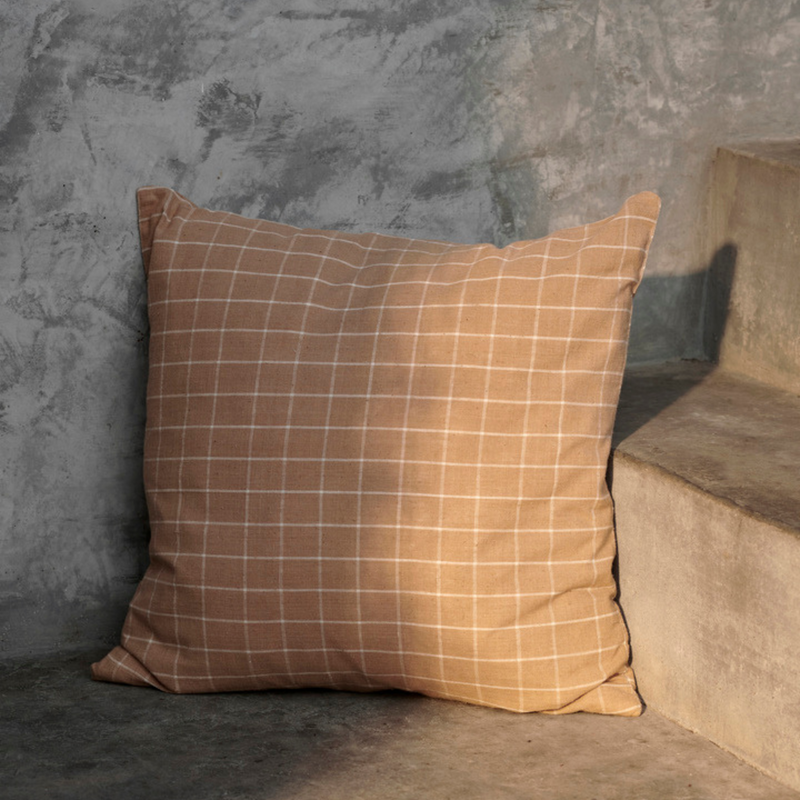 Large Brown Cotton Cushion - Check