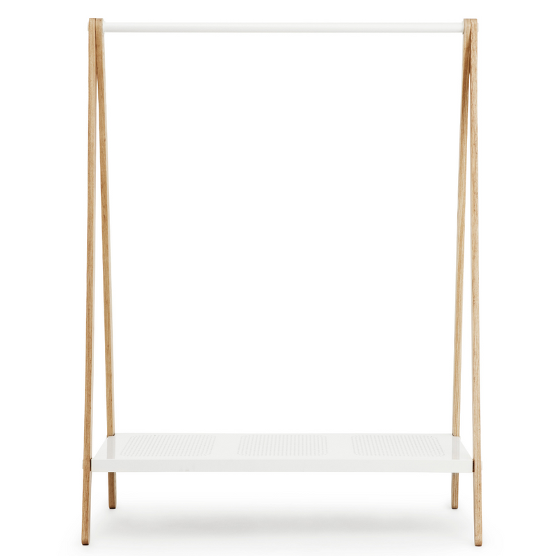 The Toj Clothes Rack is sure to be your favorite storage accessory. Designed by Simon Legald for Normann Copenhagen, this piece combines industrial style with simple and thoughtful design. We adore the clean lines from the metal shelf and trusses which makes it durable, while the wooden structure provides a softer feel, optimal for the bedroom or guest room. 