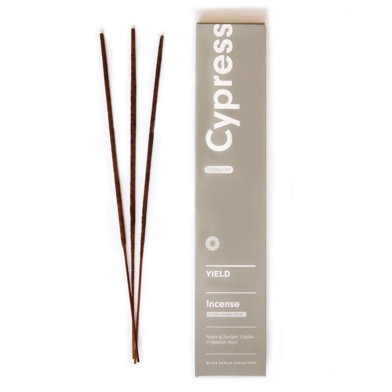 The Cypress Incense by Yield Design celebrates the great outdoors, with noted of Spanish Moss, Juniper and Ceylon. We love this scent when used in common spaces of the home like the living room, sunroom or office. The organic CBD burns cleanly, vaporizing and providing many benefits through aromatherapy. 