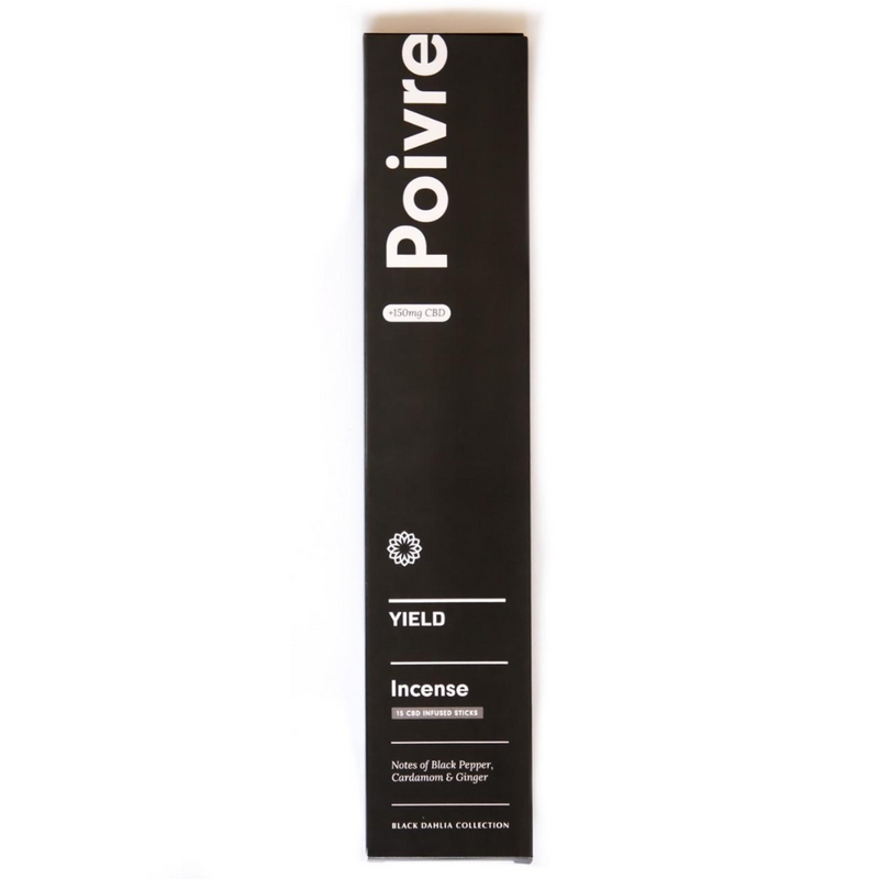 The Poivre Incense by Yield Design is a distinct fragrance, created by the combination of black pepper, ginger and cardamom. We love this scent when used in common spaces of the home like the living room or kitchen - burning in the morning creates a morning ritual and is a wonderful way to wake up while savoring fresh coffee. The organic CBD burns cleanly, vaporizing and providing many benefits through aromatherapy. 