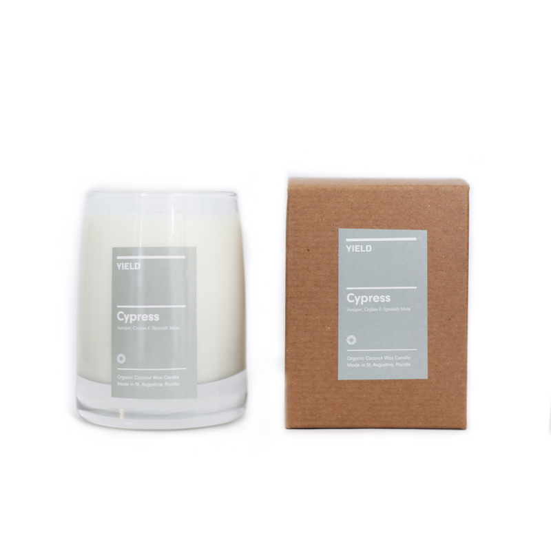 The Cypress Candle by Yield Design celebrates the great outdoors, with noted of Spanish Moss, Juniper and Ceylon. We love this scent when used in common spaces of the home like the living room, sunroom or office. The organic CBD burns cleanly, vaporizing and providing many benefits through aromatherapy.